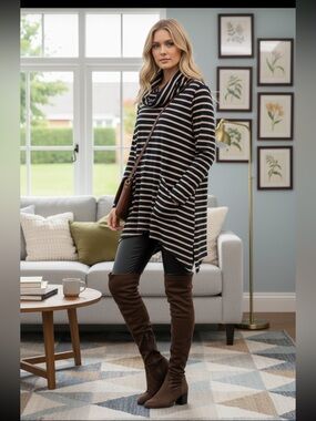 VENUS Black & Cream Striped Cowl Neck Tunic